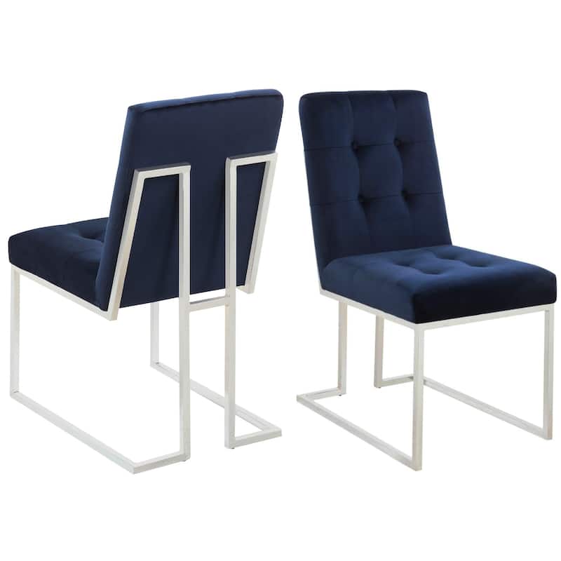 Modern Chrome Artistic Floating Design Tufted Dark Blue Dining Chairs (Set of 2)