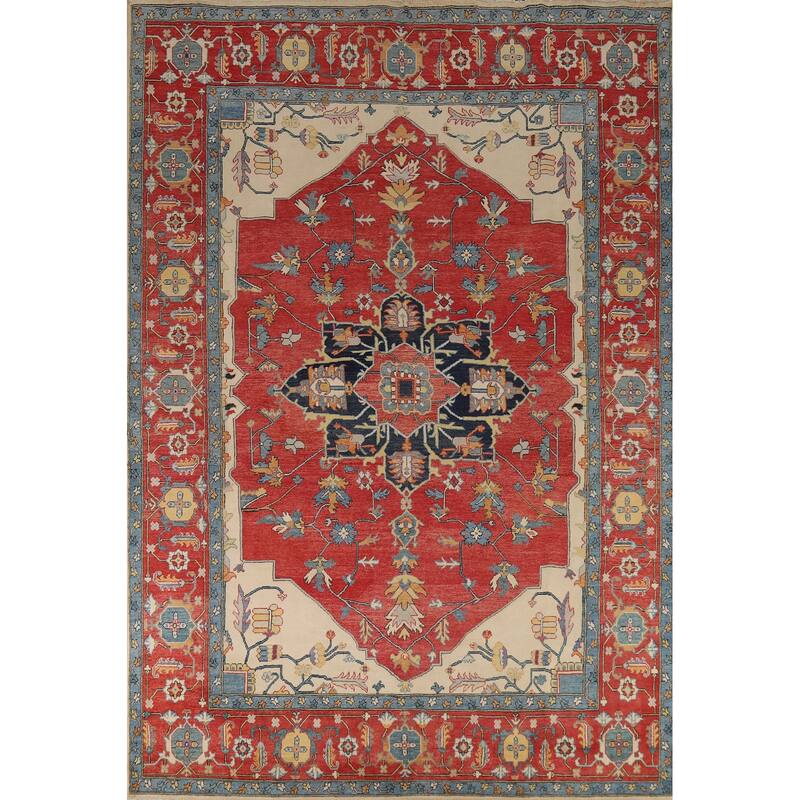 Vegetable Dye Heriz Oriental Rug Hand-Knotted Traditional Wool Carpet - 9'1" x 12'0"