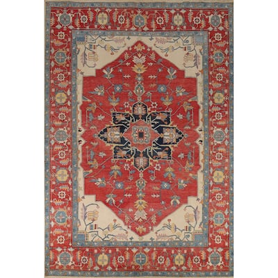 Vegetable Dye Heriz Oriental Rug Hand-Knotted Traditional Wool Carpet - 9'1" x 12'0"