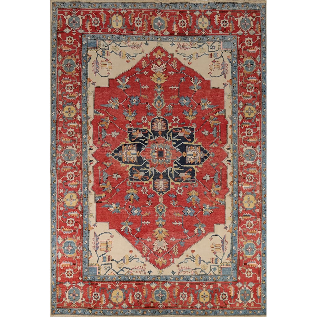 Vegetable Dye Heriz Oriental Rug Hand-Knotted Traditional Wool Carpet - 9'1" x 12'0"