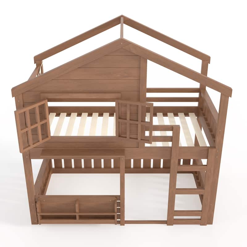 Twin Size Bunk Bed/Loft Bed with Bookshelf, House Design, High-Quality Safety Fencing, Natural