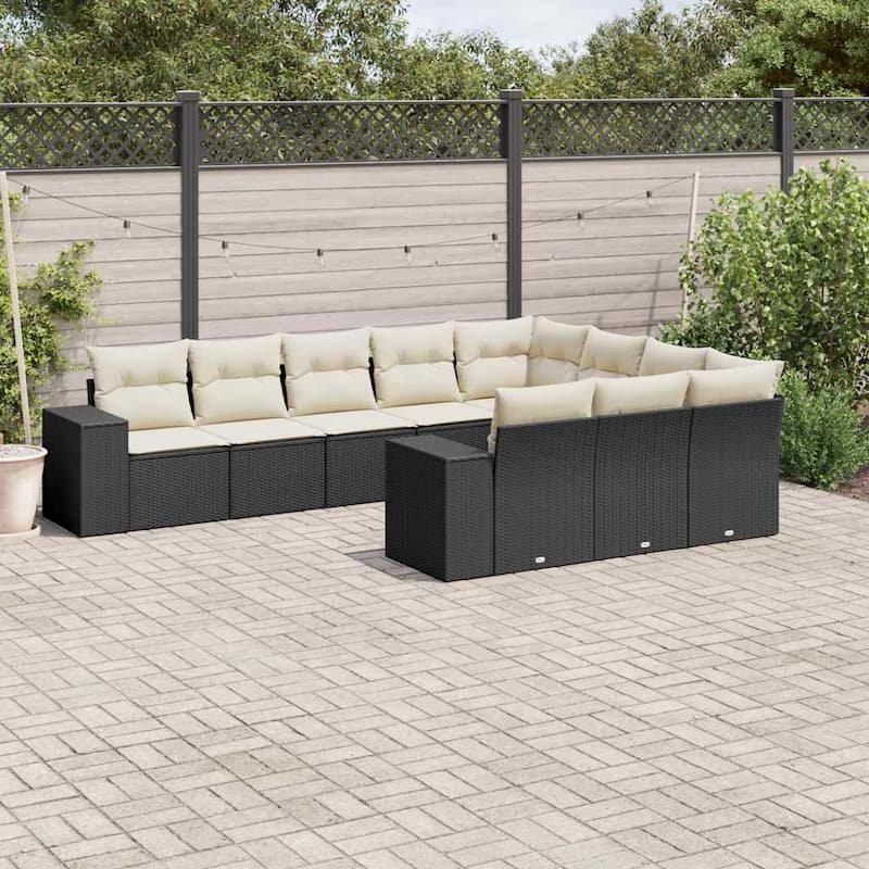vidaXL Patio Sofa Set with Cushions Outdoor Conversation Furniture Poly Rattan - Black and cream with table - 24.4 x 32.7 x 27.2 in