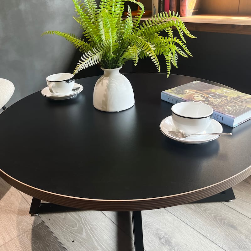 Round Coffee Table Wood Grain and Black Metal