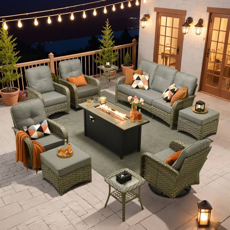 OVIOS 10-piece Patio Wicker Conversation Furniture Set with Fire Pit