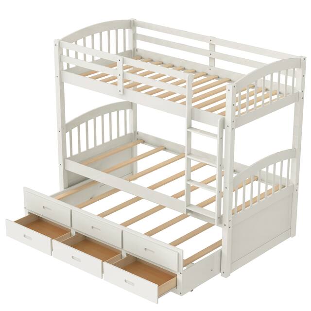 Contemporary Casual Style Twin over Twin Wood Bunk Bed with Trundle and Drawers, with High-quality Solid Wood for Bedroom