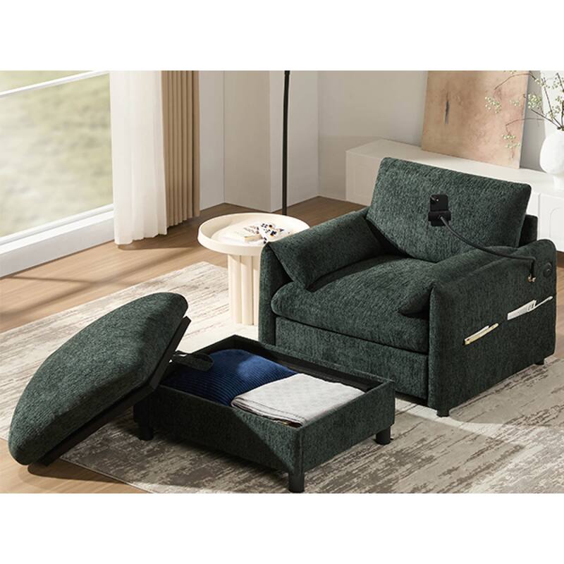 Roomfitters 37" Single Sofa with Storage Ottoman, Chenille Armchair with Phone Holder and Charging Ports, Lounge Chair