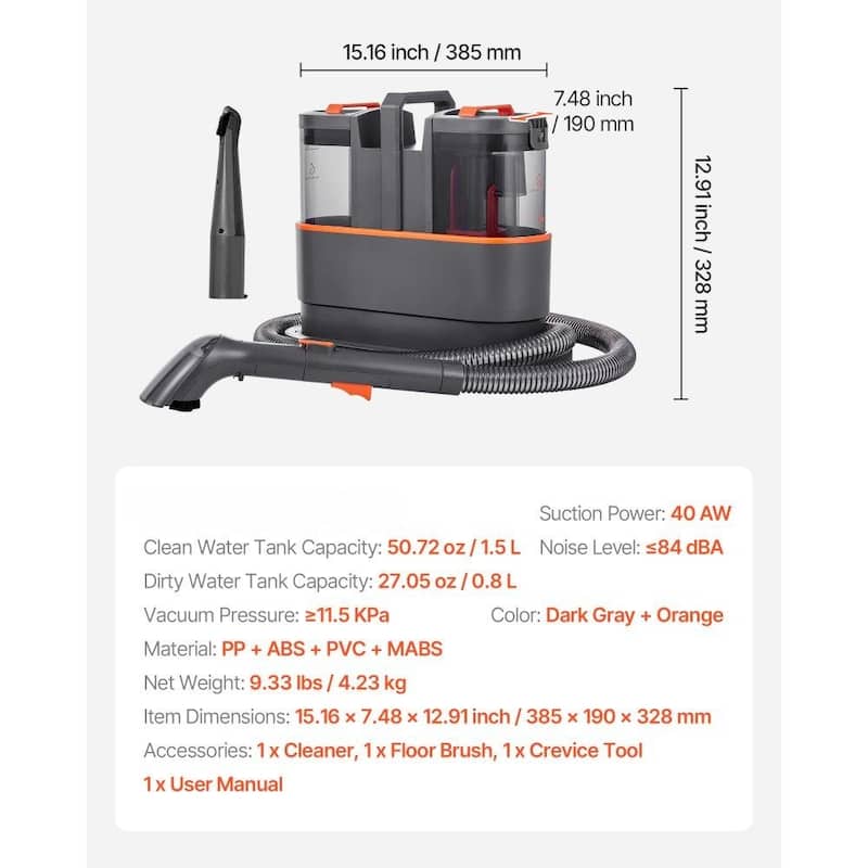 Portable Carpet Cleaner Machine with Powerful 450W Suction and Dual Tank Crevice Tool - 15.16” x 7.48” x 12.91”