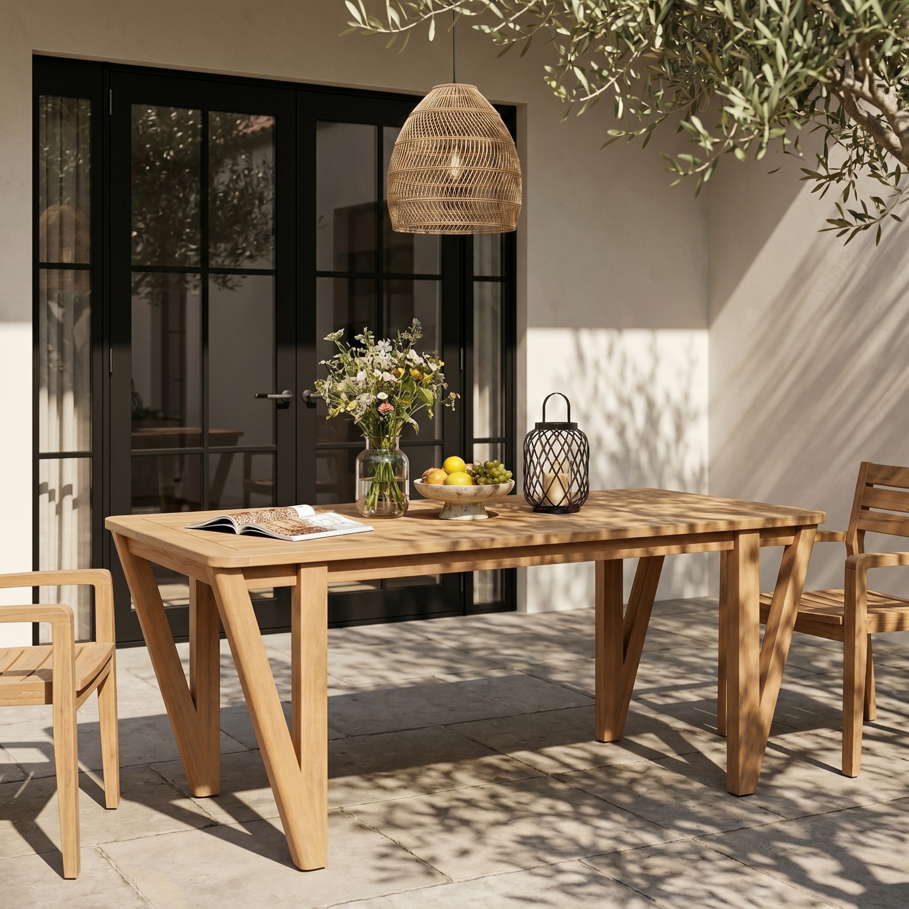 Christopher Knight Home - Lumi Farmhouse Outdoor Dining Table, Acacia Wood Frame with V-Shaped Base, 6-8 Person Seating