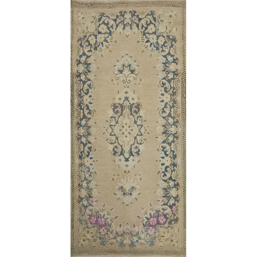 Hand Knotted Oriental 100% Wool Carpet Traditional Floral Beige & Ivories Kerman Runner Rug - 5' 4'' X 2' 2''