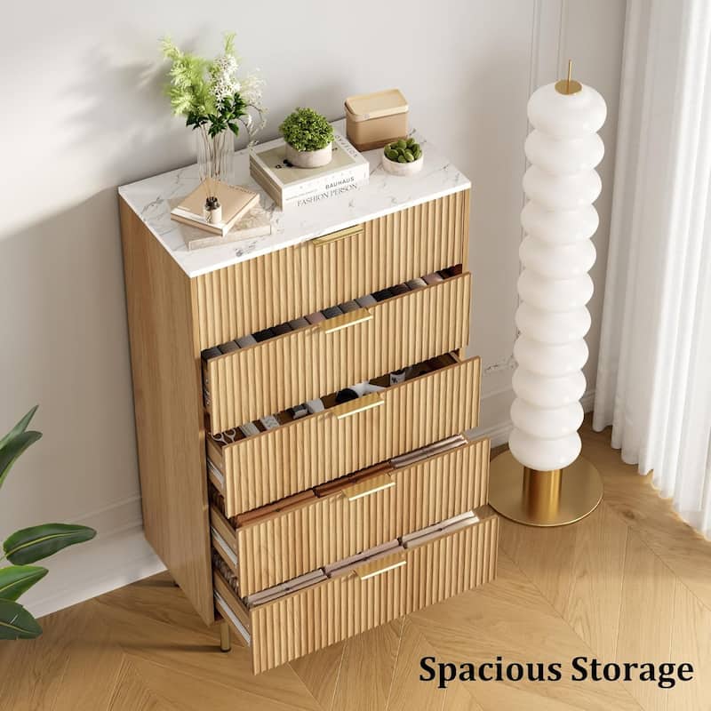 Fluted 5 Drawer Dresser for Bedroom, Wooden Chest with Wide Drawers, Modern Storage Organizer for Closet, Hallway