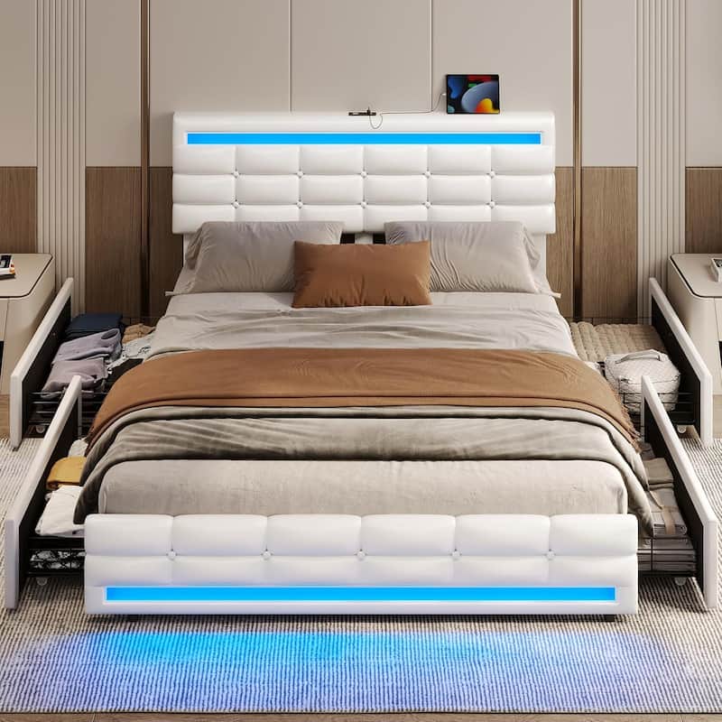 LED Bed Frame Platform Bed 2 USB Ports 4 Storage Drawers