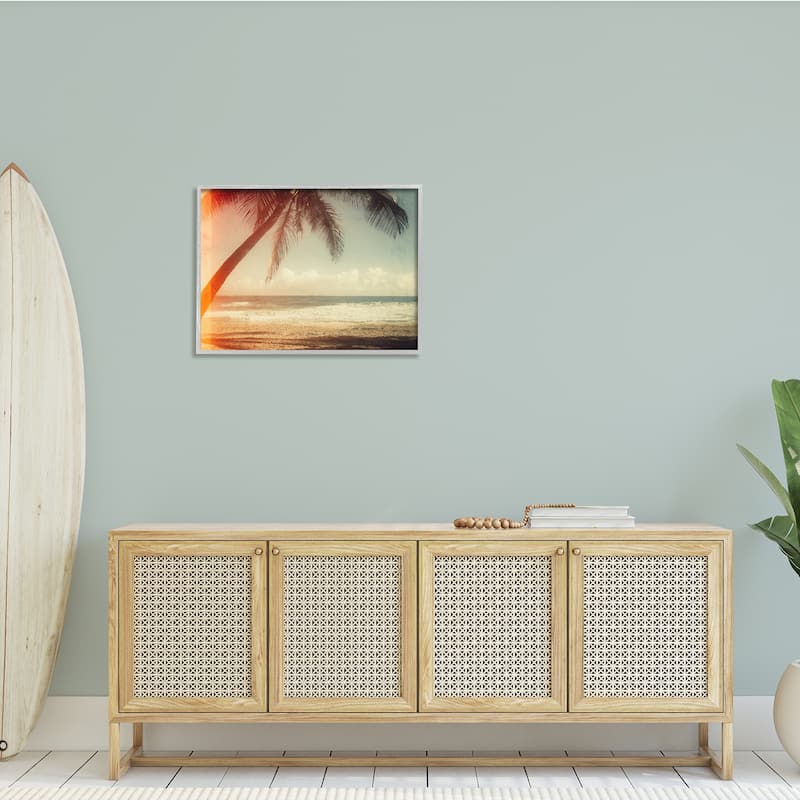 Stupell Vintage Sun Bleached Ocean Scene Hanging Palm Tree Framed Wall Art