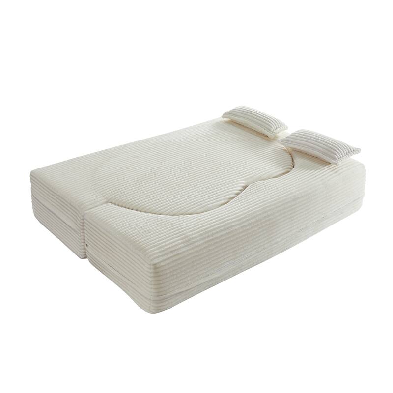 Floor Sofa With 2 Pillows,Convertible Plush Corduroy Foam-Filled Sleeper Sofa Bed,15" Full Size Folding Mattress,Guest Bed