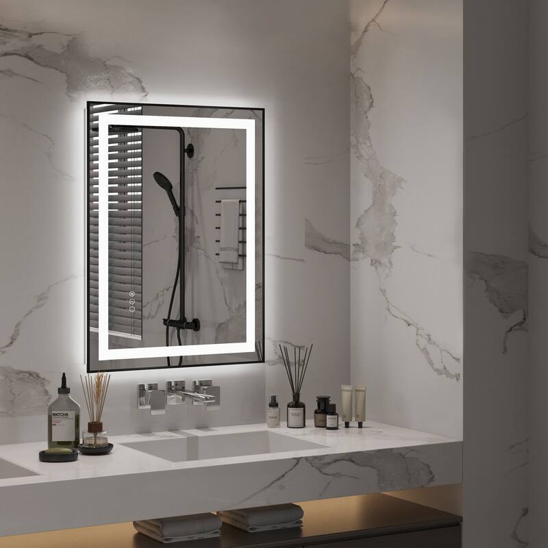 QuivaraView Aluminum front light and backlit LED lighted Framed Tempered Glass Bathroom Vanity Wall Mounted Mirror