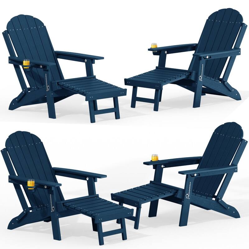 WINSOON Outdoor All-Weather HDPE Folding Adirondack Chair with Ottoman, Cup Holder & Adjustable Back Set of 4 - Navy