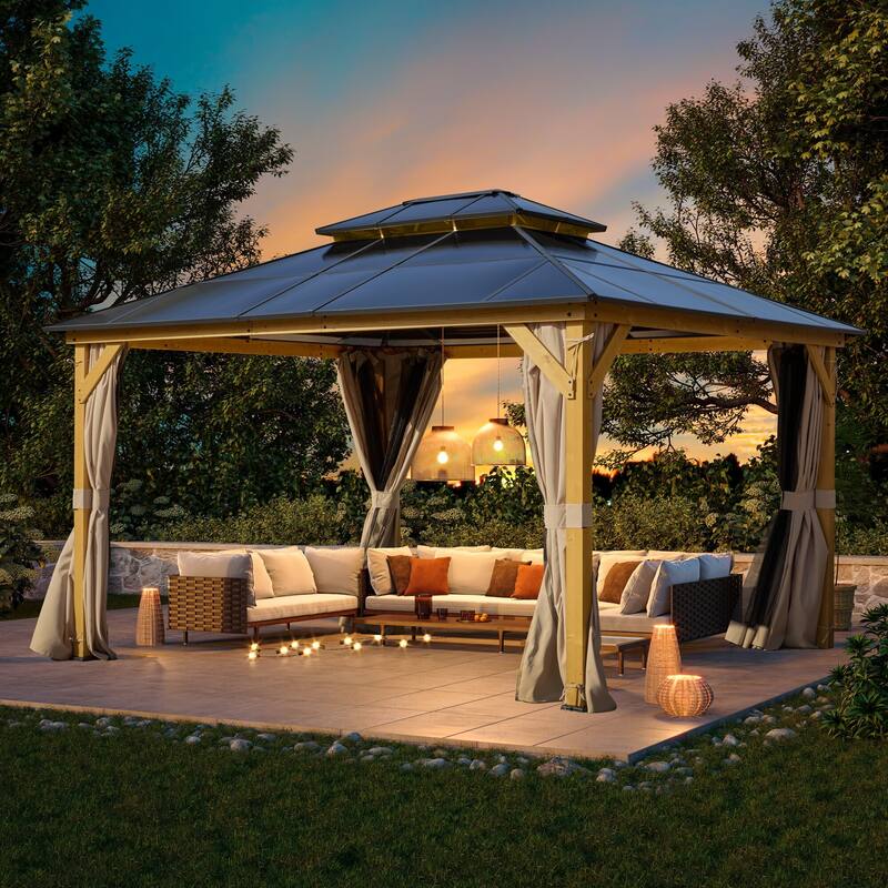 EROMMY Outdoor Wood Gazebo with Double Polycarbonate Roof, Heavy Duty Backyard Patio Pergola Canopy for Garden Shade
