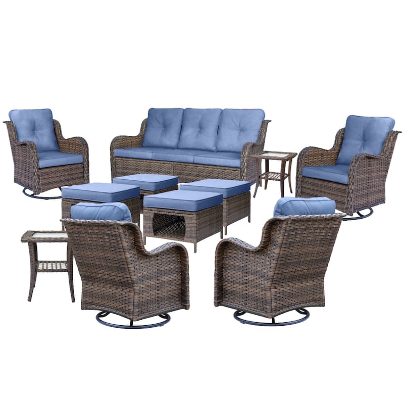 11 Piece Rattan Wicker Outdoor Patio Furniture with Swivel Chairs Set