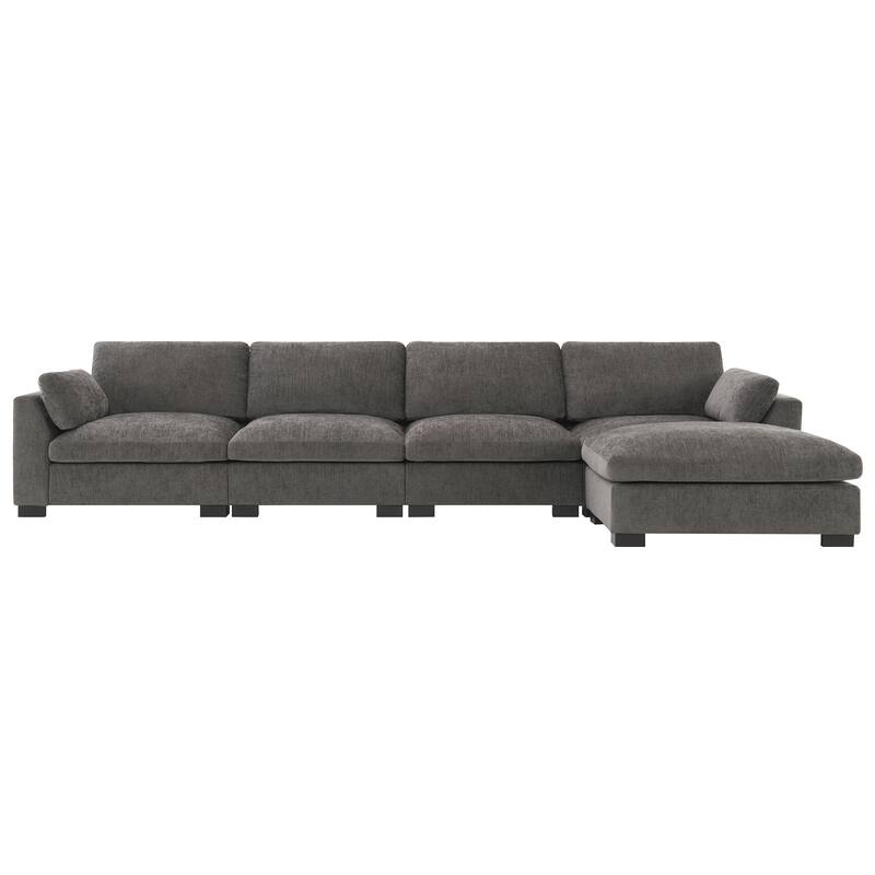 L-Shape Sectional Sofa with Folding Table, Dual-Port Charging, Side Pockets, 2 Pillows, Movable Ottoman, Chenille Modular Sofa