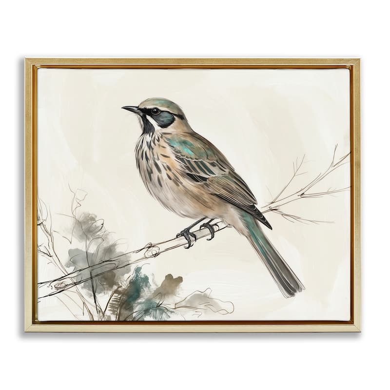 Stupell Perched Bird Illustration Framed Floater Canvas Wall Art Design By LSR Creative Studio - 21 x 17 - Gold