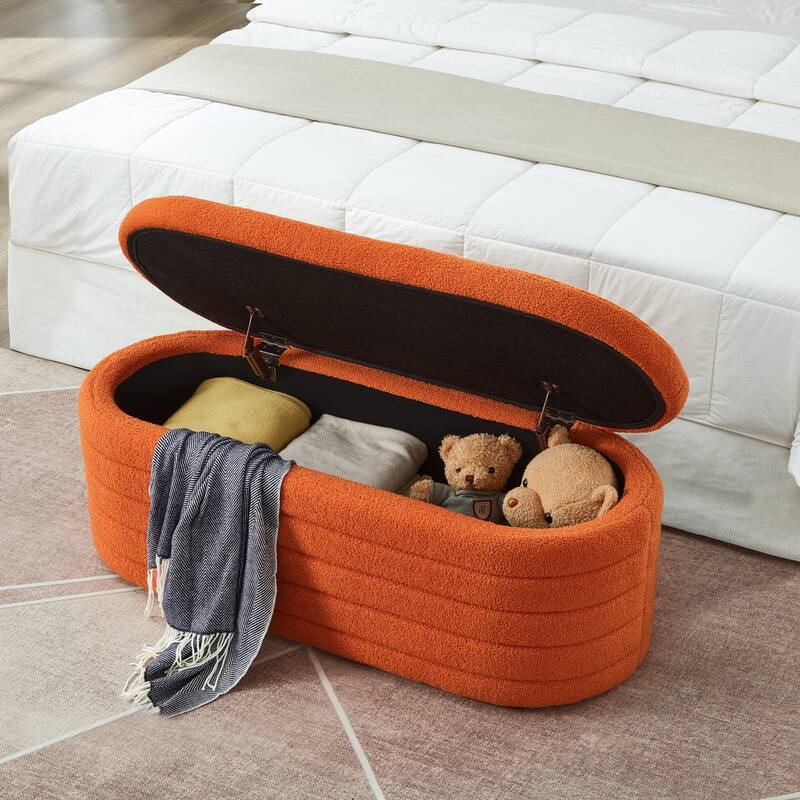 Modern Oval Storage Ottoman Bench,Boucle Teddy Fabric End of Bed Bench with Storage,End of Bed Stool with Safety Hinge