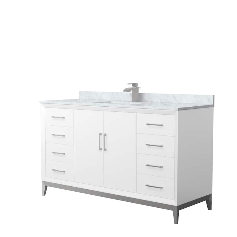 Amici Single Bathroom Vanity Set, Carrara Marble Top - 60-Inch Single - White, Nickel Trim, White Carrara Marble Top
