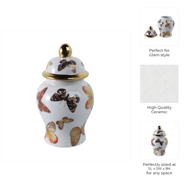 Ceramic Decorative Temple Jar with Lid and Metallic Butterfly Motif