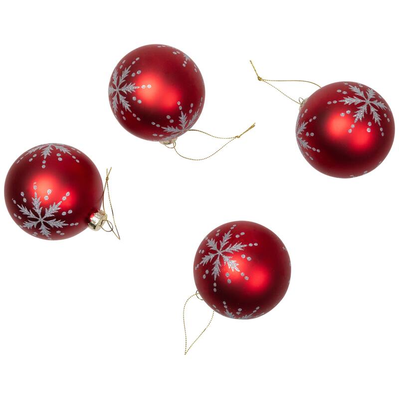 Glittered Snowflakes Matte Finish Glass Ball Christmas Ornaments - 3" (75mm) - Red - 4ct