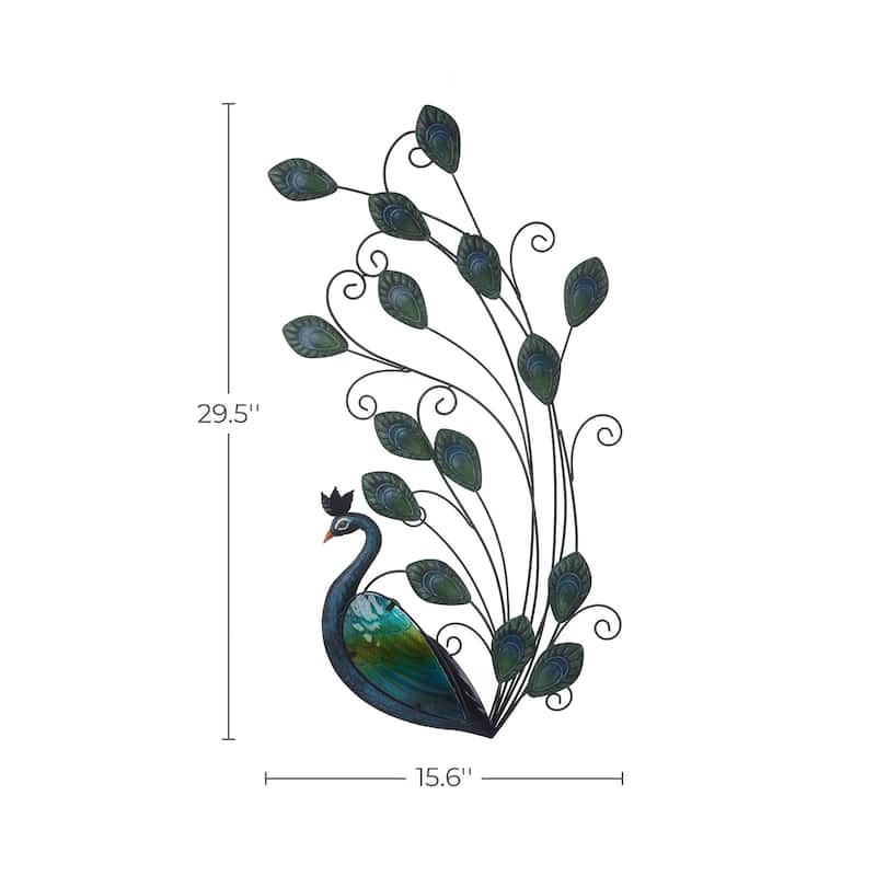 Green and Blue Peacock Metal and Glass Outdoor Wall Decor