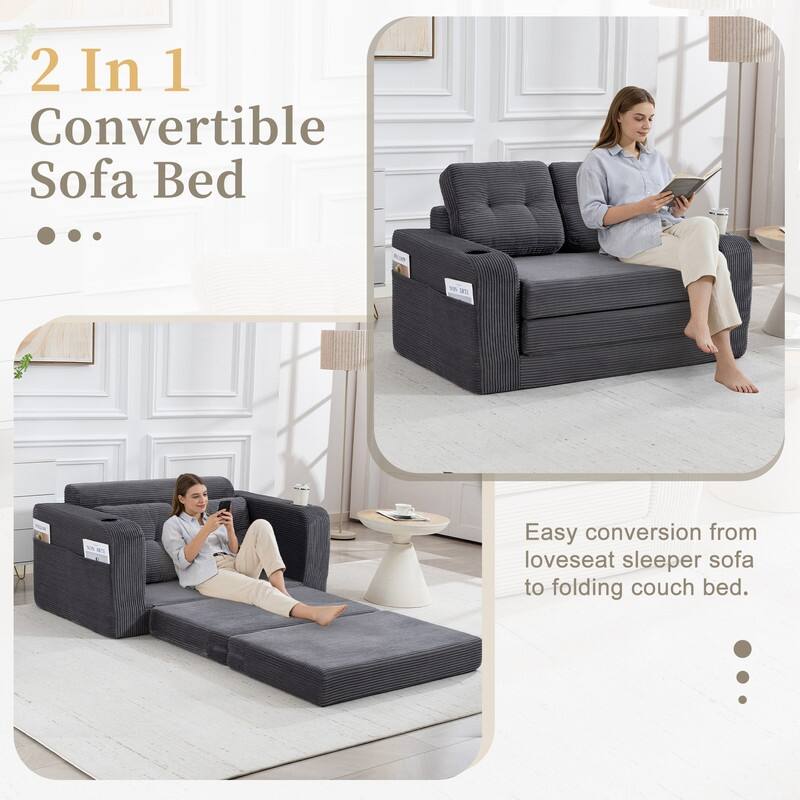 HOMEFUN 2 in 1 Convertible Sofa Bed,Corduroy Upholstered Compressed Sofa Bed for Living Room