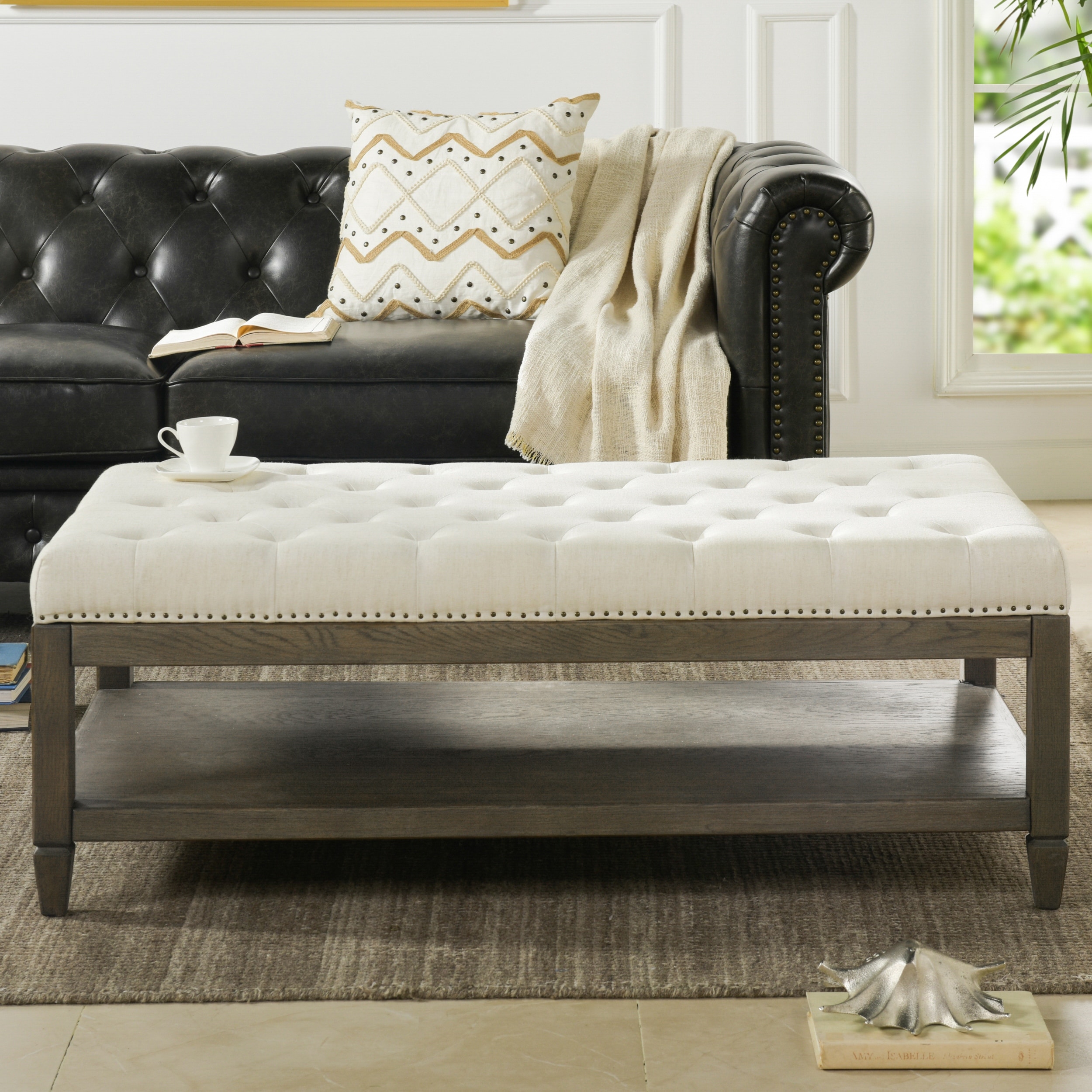Sylvan Farmhouse Birch Wood Tufted Cocktail Storage Ottoman On