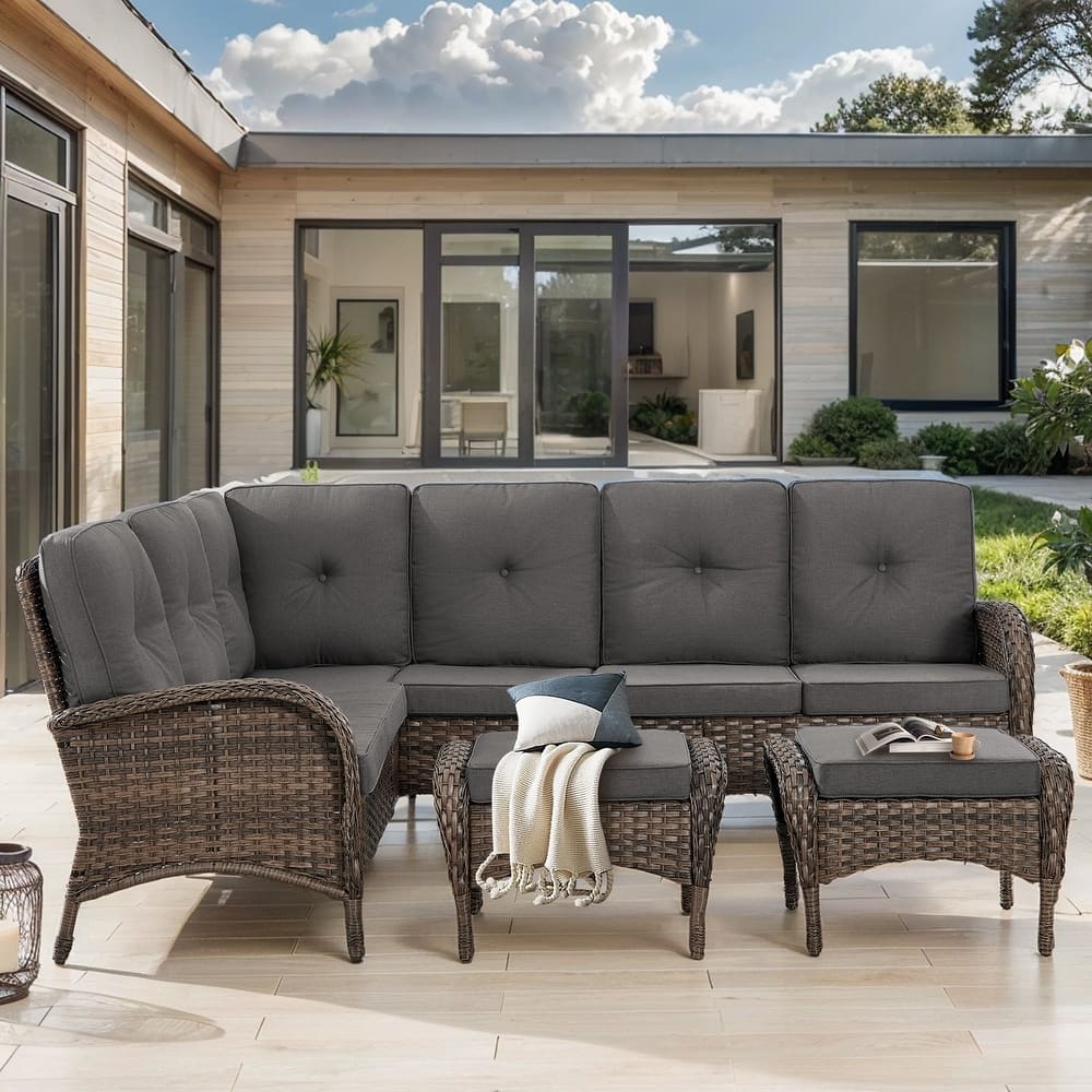 Gymojoy L-Shaped Outdoor Sectional Sofa Set with Wicker Ottomans