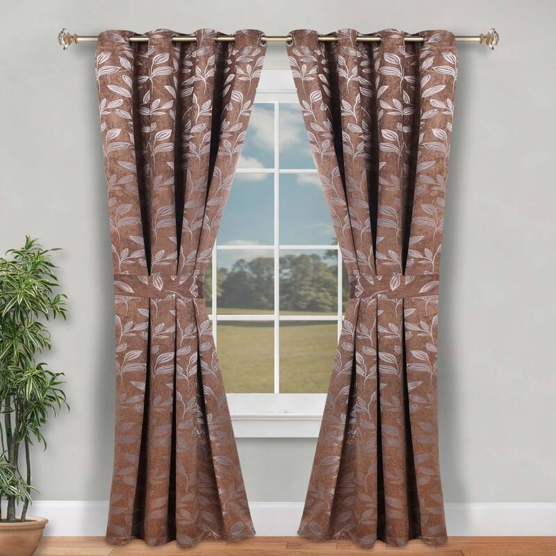 Superior Leaves Machine Washable Room Darkening Grommet With Ties Blackout Curtains, Set of 2