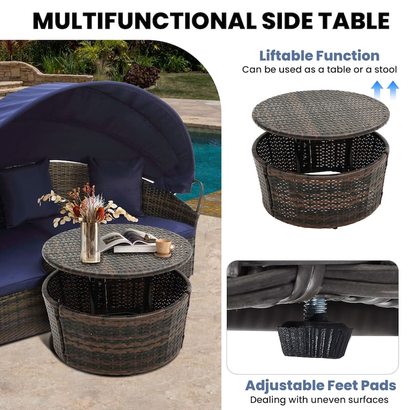 4 Piece Patio Round Rattan Daybed w/Adjustable Sun Canopy, Outdoor Sofa Bed with lift coffee table
