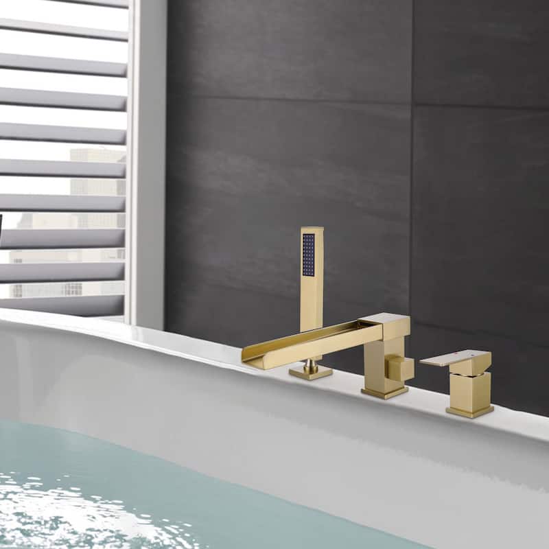 Solid Brass Single-Handle Deck Mounted Waterfall Roman Tub Faucet with Hand Shower