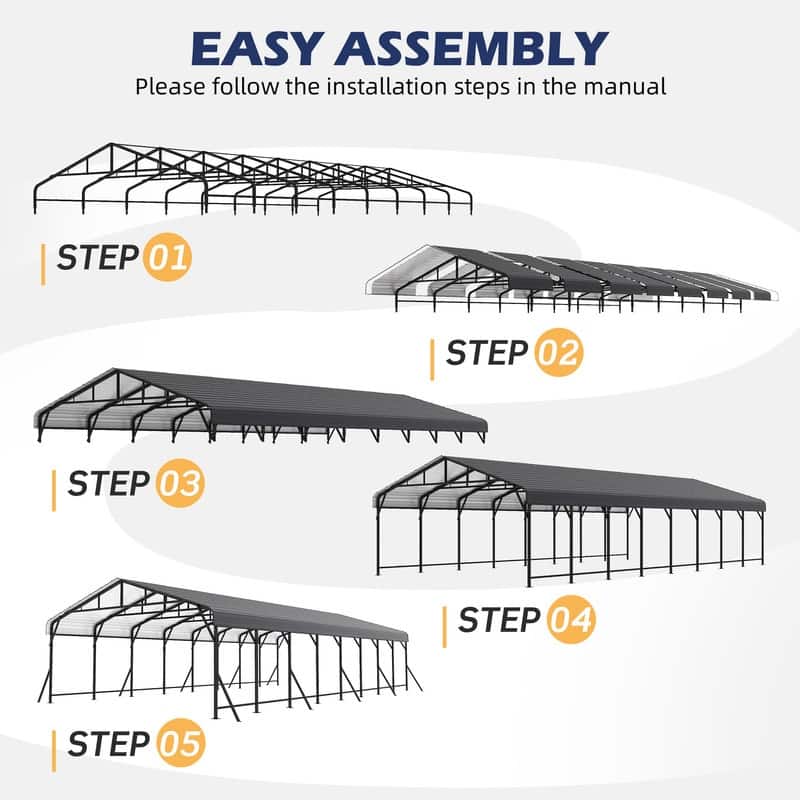 Erommy Outdoor Carport with Galvanized Steel Roof, Heavy-Duty All-Weather Shelter for Cars, Boats and Equipment
