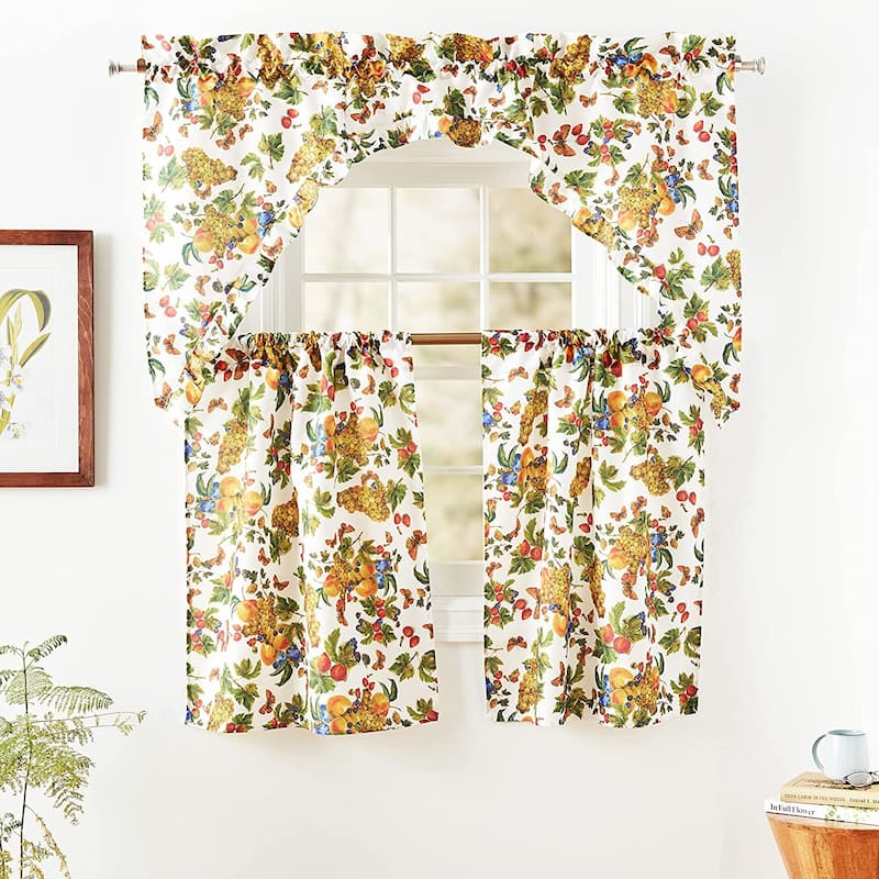 Violet Linen European Garden Fruits, Beige-Multi, 3pc Set 60"x18" Valance, 30"x36" Tiers, Decorative Window Kitchen Curtain Set - 1-Valance and 2-36" Tiers - Beige/Multi