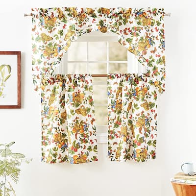 Violet Linen European Garden Fruits, Beige-Multi, 3pc Set 60"x18" Valance, 30"x36" Tiers, Decorative Window Kitchen Curtain Set