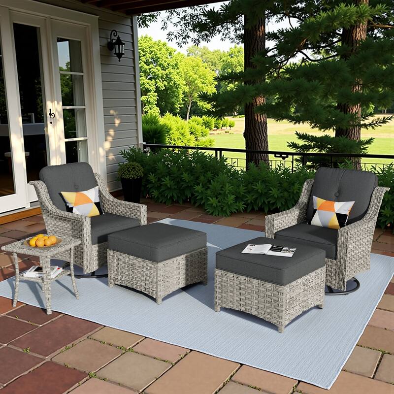 HOOOWOOO 5-piece Rattan Outdoor Furniture Patio Swivel Chair Chat Set with Ottoman