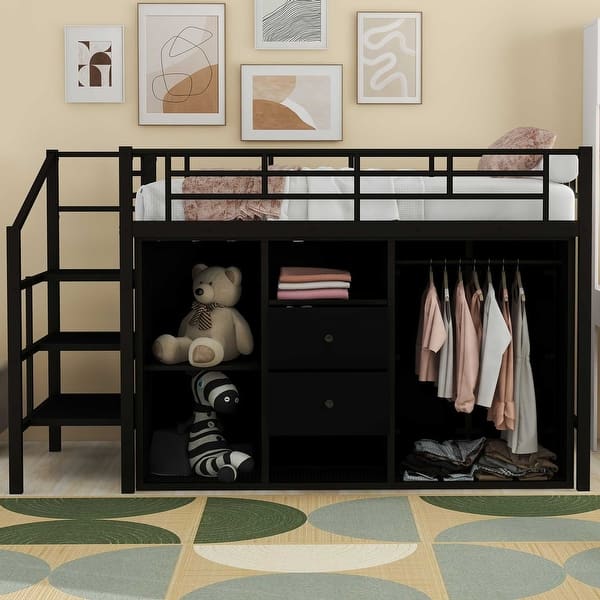 slide 2 of 9, Twin Size Metal Loft Bed with Drawers, Storage Staircase & Small Wardrobe Black