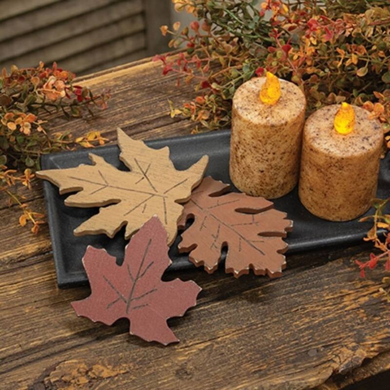 Set of 3 Carved Wooden Leaves with Distressed Painted Fall Decorations for Home or Table - Yellow: 4.75”H x 4.5”W x .25”D