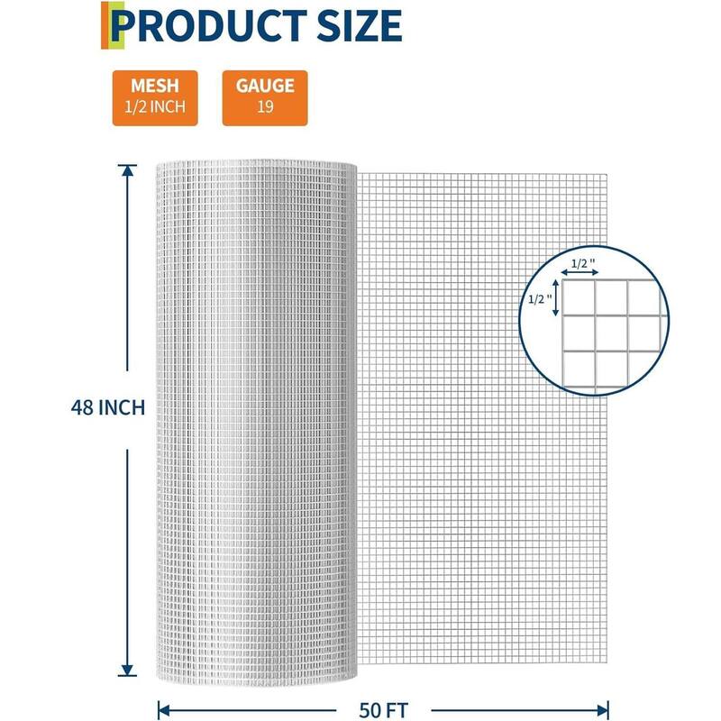 48in x 50ft 19 Gauge Galvanized Hardware Cloth, Garden Netting for Chicken Wire Fencing Roll, Silver - 48in x 50ft