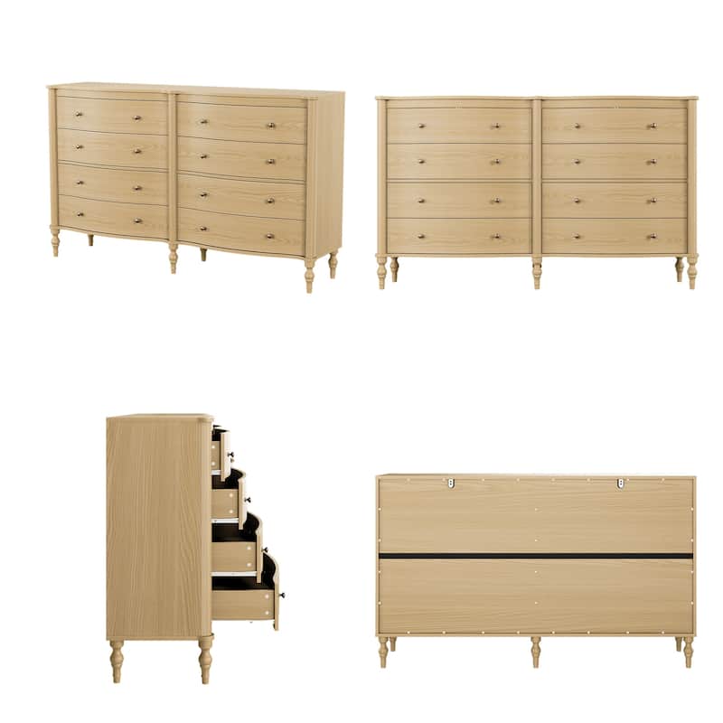 Elegant 8-Drawer Dresser with Solid Wood Legs, Vintage Curved Front Chest of Drawers for Bedroom Storage