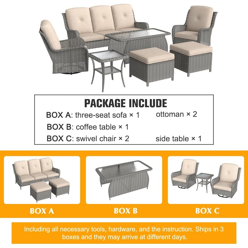7 Pieces Patio Furniture Set with Swivel Rocking Chair, Coffee Table, Side Table for Backyard, Garden, Navy Blue/Beige/Orange