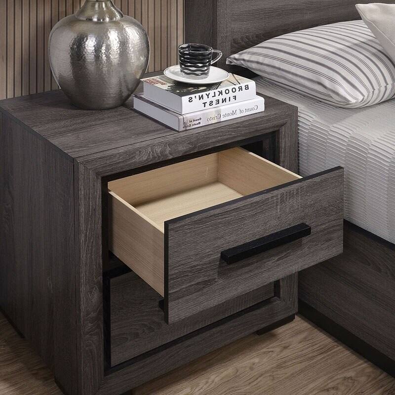 2-Drawer Gray Nightstand, Modern Bedroom Furniture with Two-Tone Design and Black Trim, Paper Veneer Bedside Table