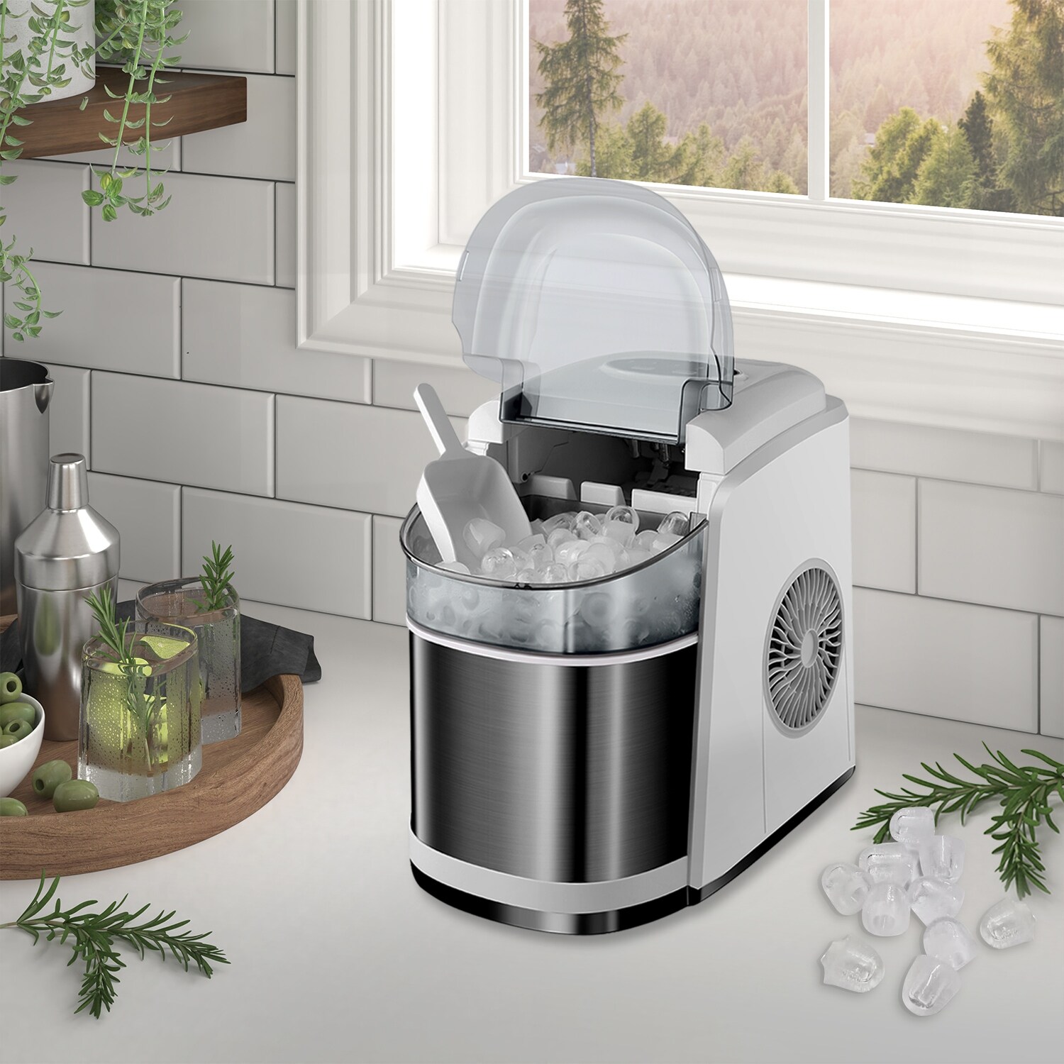 S//L Ice Maker Machine Countertop Compact Electric Ice Maker with Ice Scoop and Basket Gray Ice Cubes Ready in 6 Mins Make 26 lbs Ice in 24 Hrs with 2 Size