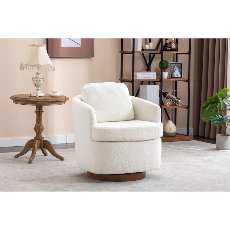 Fabric Swivel Accent Chair With Soild Wood Round Brown Base Leg - Ivory