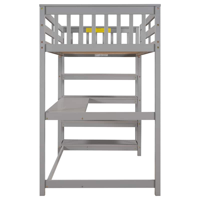 Gray Twin Solid Wood Loft Bed with Desk, Shelves, Guardrails