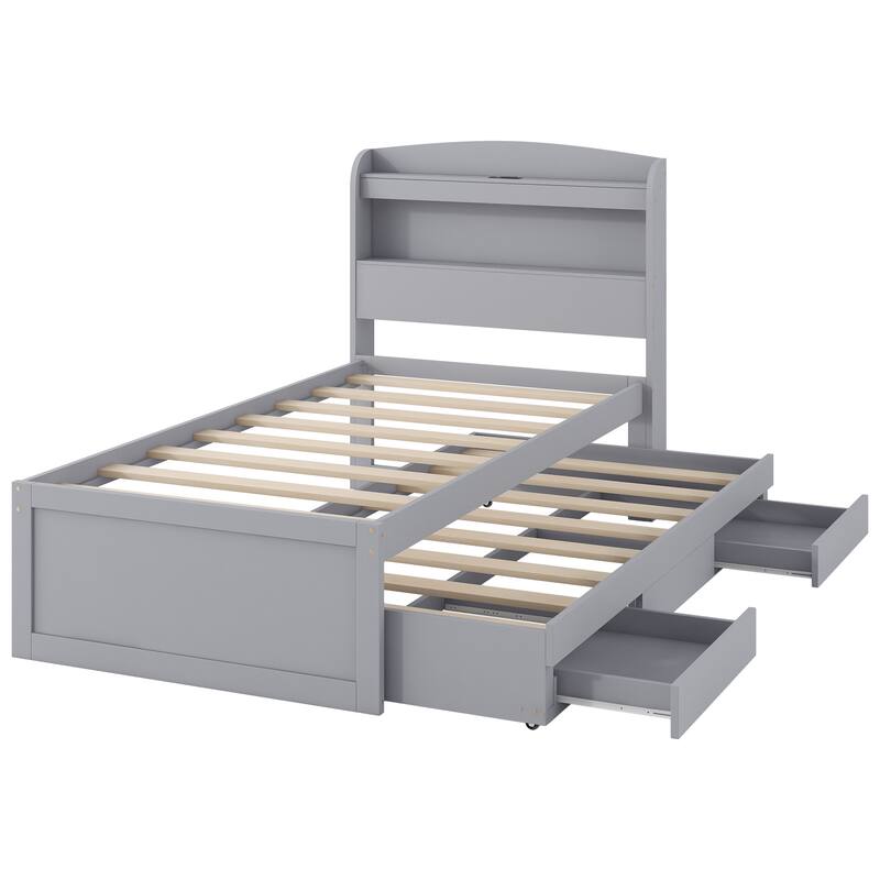 Twin XL Platform Bed with Storage, LED Headboard, Charging Station, Trundle, and Drawers, Gray
