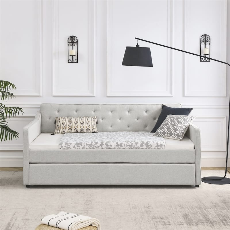 Twin Size Daybed with Twin Size Trundle Upholstered Tufted Sofa Bed