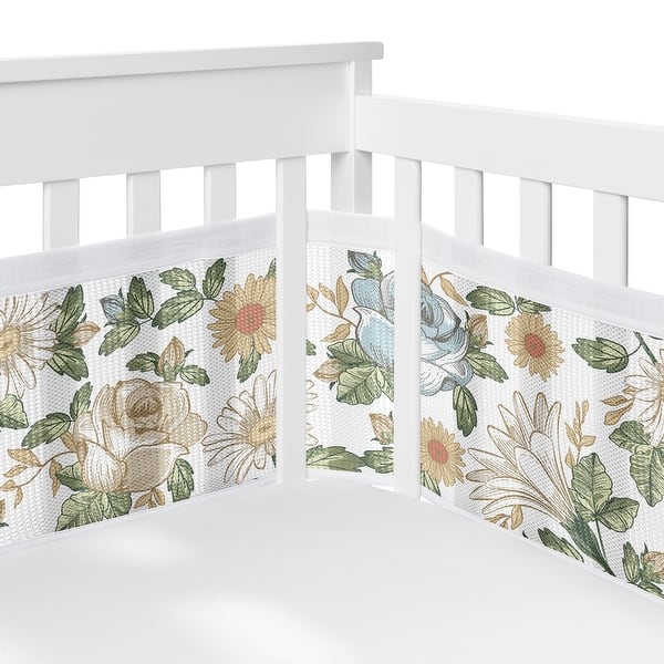slide 2 of 6, Sweet Jojo Designs + BreathableBaby Breathable Mesh Crib Liner Pad Vintage Floral Blue Yellow Girl -Shabby Chic Rose Flower Boho